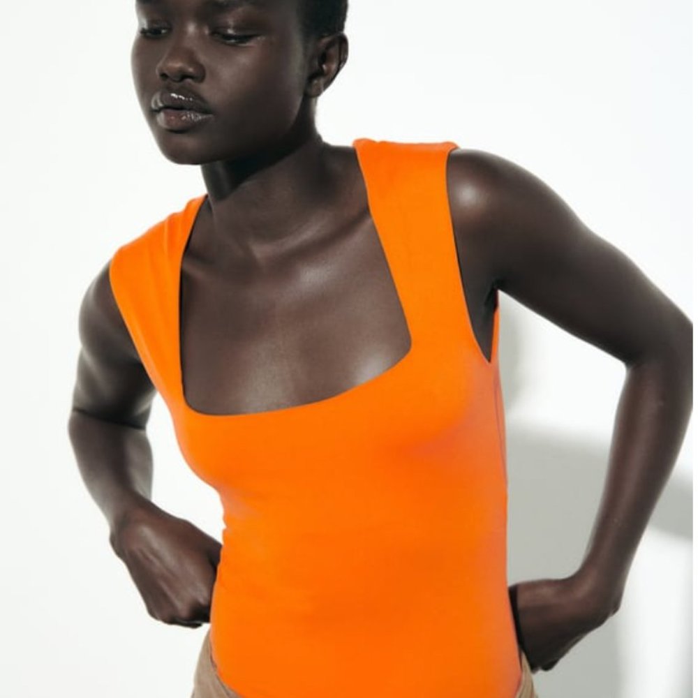 Zara | square neck bodysuit with wide straps | Orange Size Small